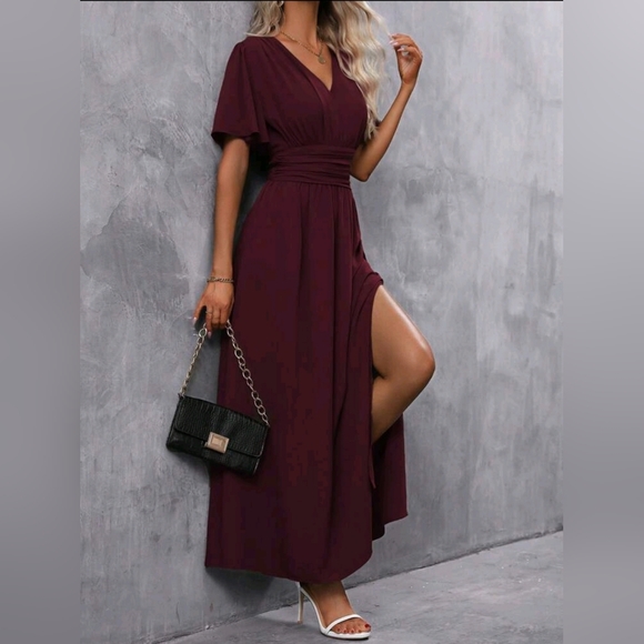 NEW Chic Ruched Waist Flutter Sleeve Maxi Dress Sangria Red Wine Purple - Picture 7 of 9
